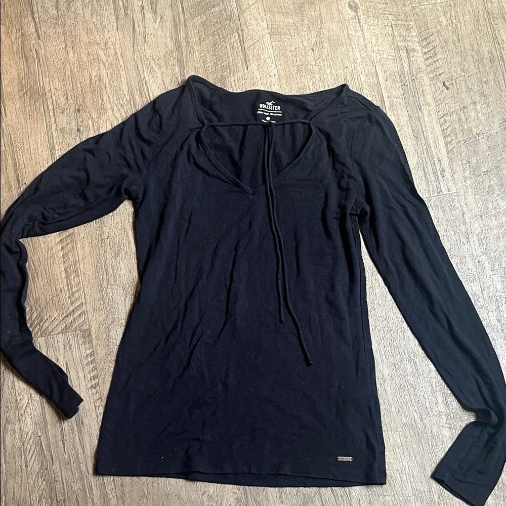 Hollister Black Long-Sleeve V-Neck Top with Tie